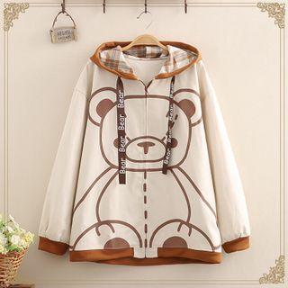 Bear Printed Drawstring Long-sleeve Jacket As Shown In Figure - One Size