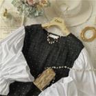 Two-tone Panel Long-sleeve Blouse Black - One Size