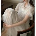 Short-sleeve Ruffle Trim Mesh Shirt + Camisole / Mesh Layer Midi Skirt