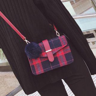 Pompom-accent Plaid Cross Bag