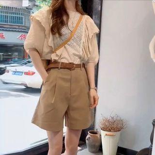 Set: Short Sleeve Ruffled Blouse + A-line Shorts