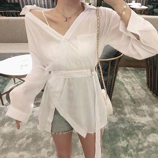 Long-sleeve Asymmetric Drawstring Waist Plain Top