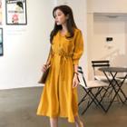 Notched-collar Midi Shirtdress With Sash Yellow - One Size