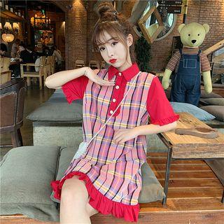Plaid Short-sleeve A-line Polo Dress As Shown In Figure - One Size