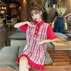 Plaid Short-sleeve A-line Polo Dress As Shown In Figure - One Size