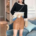 Color Block Long-sleeve Knit Top / Faux-leather Mini Skirt