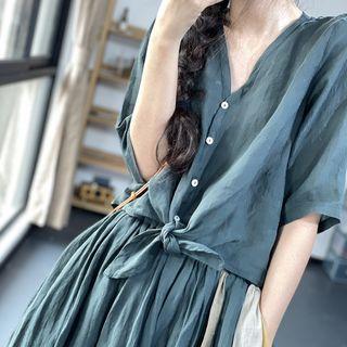 Elbow-sleeve Tie-front Button-up Blouse
