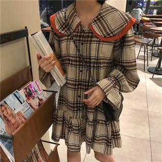 Peter Pan Collar Ruffled Hem Plaid Dress Light Almond - One Size