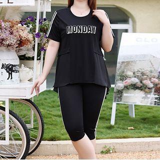 Plus-size Set: Short-sleeve Lettering T-shirt + Striped Shorts