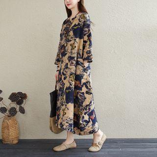 Printed Long-sleeve Maxi A-line Linen Dress Yellow - One Size