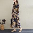 Printed Long-sleeve Maxi A-line Linen Dress Yellow - One Size