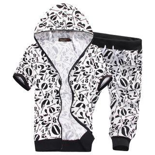 Set: Number Short-sleeve Hooded Jacket + Capri Sweatpants