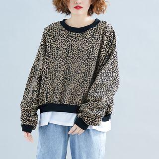 Leopard Print Round-neck Mock Two-piece Sweatshirt