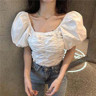 Shirred Off-shoulder Puff-sleeve Blouse