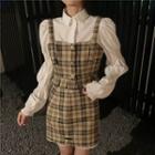Long-sleeve Shirt / Spaghetti Strap Plaid Top / Mini A-line Skirt