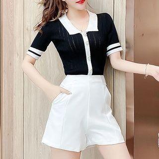 Short-sleeve Contrast Trim Top / High-waist Plain Shorts