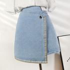 Embroidered Trim Wrap Front A-line Denim Skirt