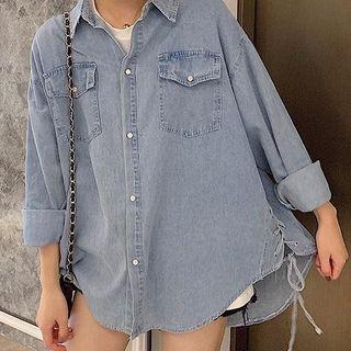 Lace-up Washed Denim Shirt Shirt - Blue - One Size