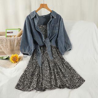 Set: Spaghetti Strap Floral Print A-line Dress + Denim Shirt