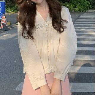 V-neck Lace Panel Blouse / Plain Midi A-line Skirt