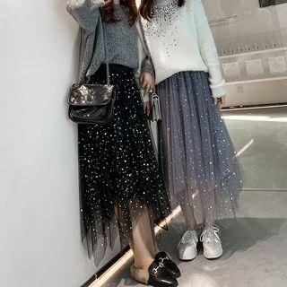 Star Sequined Maxi A-line Mesh Skirt