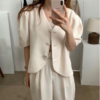 Puff-sleeve Buttoned Blouse / Wide-leg Dress Pants