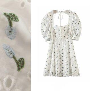 Floral Embroidered Keyhole Back Short-sleeve Mini Dress