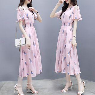 Set: Print Short Sleeve Chiffon Midi Dress + Slipdress