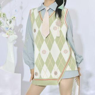 Embroidered Shirt / Argyle Sweater Vest