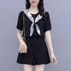 Set: Short-sleeve Print Tie-neck Blouse + Shorts