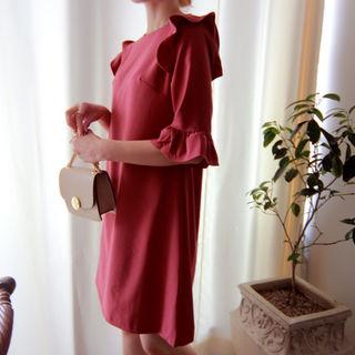 Elbow-sleeve Frill-trim Shift Dress