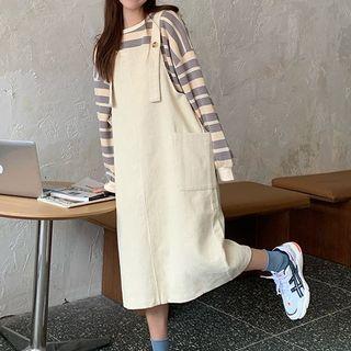 Corduroy Overall Dress / Striped Sweatshirt
