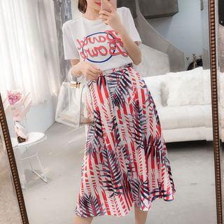 Set: Lettering Short Sleeve T-shirt + Printed Midi Skirt