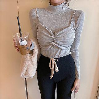Plain Mock-two Piece Mock-neck Slim-fit Long-sleeve T-shirt
