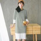 Striped Elbow-sleeve T-shirt Dress Army Green - One Size