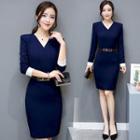 Contrast Trim V-neck Long Sleeve Sheath Dress