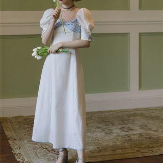 Balloon-sleeve Gingham Panel A-line Dress