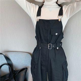 Plain Square-neck Slim-waist Loose-fit Cargo Jumper Pants Black - One Size