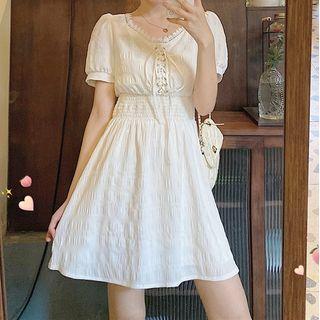Short Sleeve V-neck Lace Trim A-line Dress