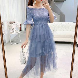 Elbow-sleeve Smocked Midi Tiered Dress