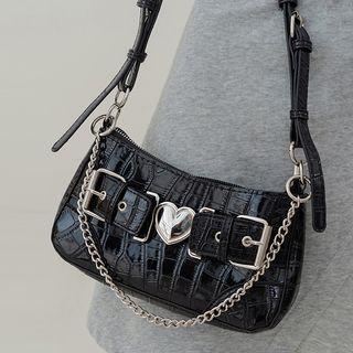Chain Strap Croc Grain Faux Leather Crossbody Bag Black - One Size