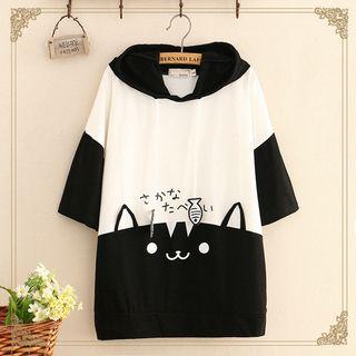 Cat Print Short-sleeve Hooded T-shirt