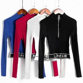 Long-sleeve Zip-front Cropped Knit Top