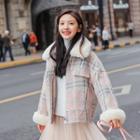 Furry Collar Plaid Zip Jacket