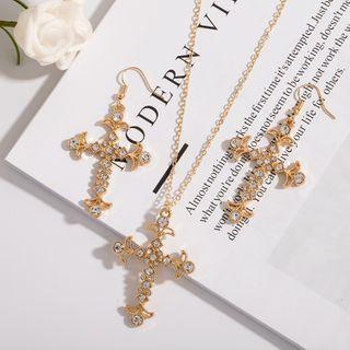 Rhinestone Cross Pendant Necklace / Dangle Earring