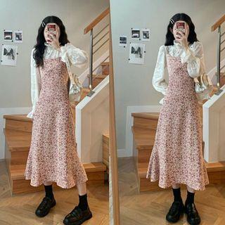 Long-sleeve Lace Blouse / Floral Print Midi A-line Dress