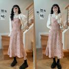 Long-sleeve Lace Blouse / Floral Print Midi A-line Dress