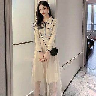 Contrast Trim Mesh Panel Long-sleeve Midi Collared Dress