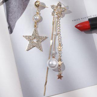 Star Rhinestone Faux Pearl Asymmetrical Fringed Earring 1 Pair - E0197 - Gold - One Size