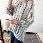Off-shoulder Printed 3/4-sleeve Chiffon Top White - One Size